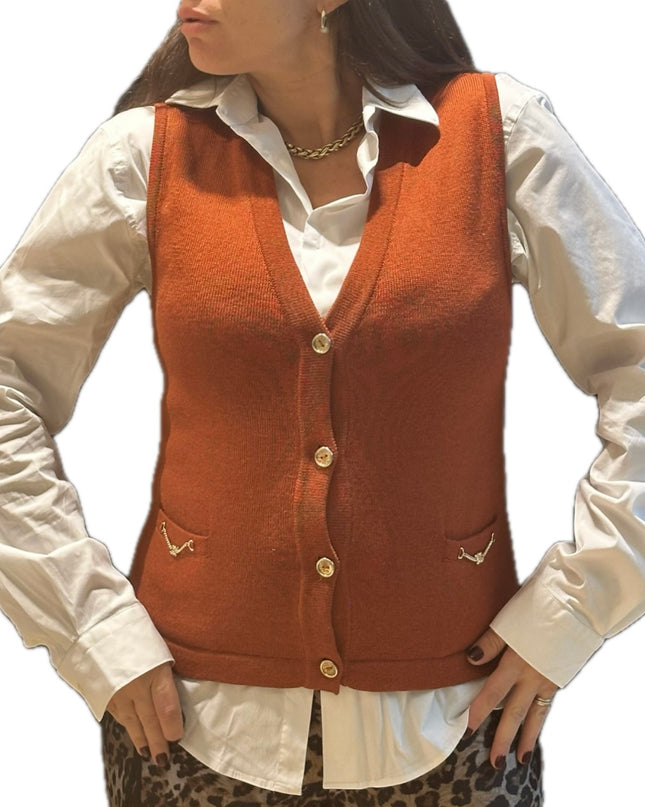 Gilet sans manches CELINE vintage – Laine rouge brique T-36