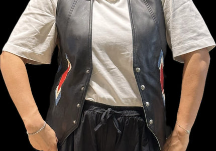 Veste sans manches en cuir et jean vintage – Taille unique