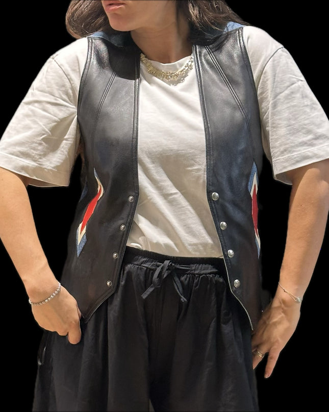 Veste sans manches en cuir et jean vintage – Taille unique