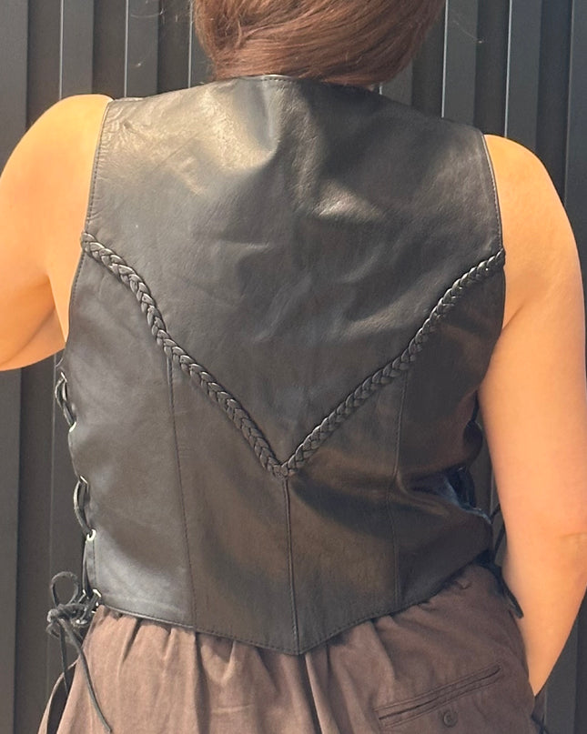 Veste sans manches vintage en cuir avec laçages – taille unique