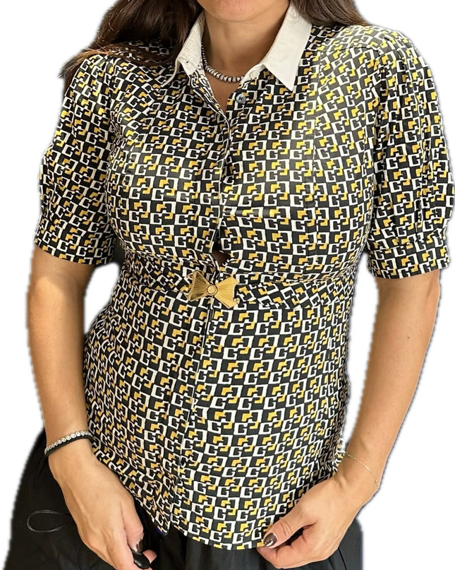 Chemisier Gucci Vintage ceinturé – Logo GG doré – Taille 38