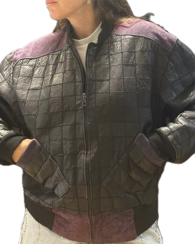 Blouson vintage en cuir patchwork noir et violet – Taille unique