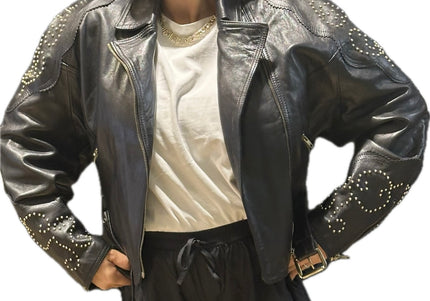 Blouson en cuir vintage clouté – Taille unique
