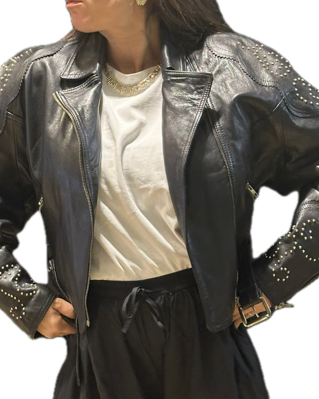 Blouson en cuir vintage clouté – Taille unique