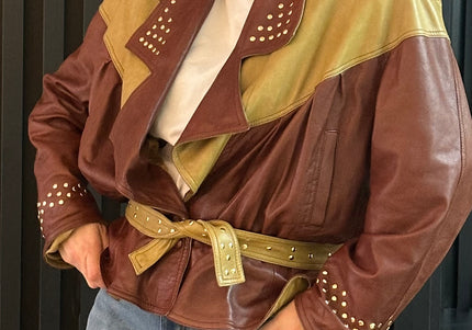 Veste vintage en cuir pistache & marron chocolat — Taille unique
