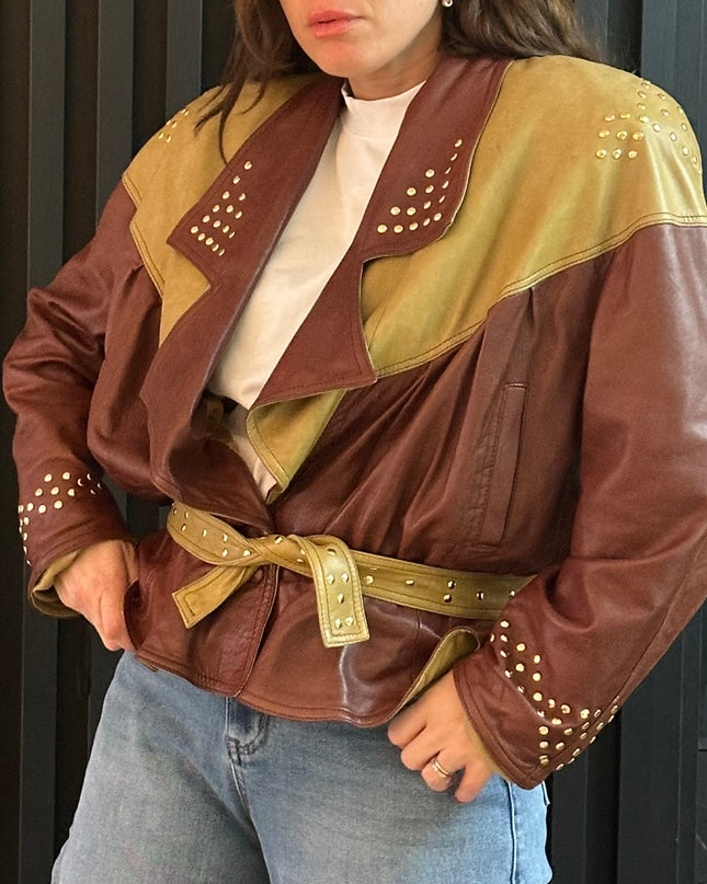 Veste vintage en cuir pistache & marron chocolat — Taille unique