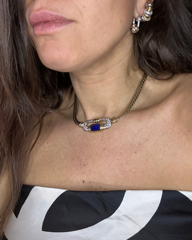 Collier vintage doré à pierre bleue – Bijou fantaisie d’exception