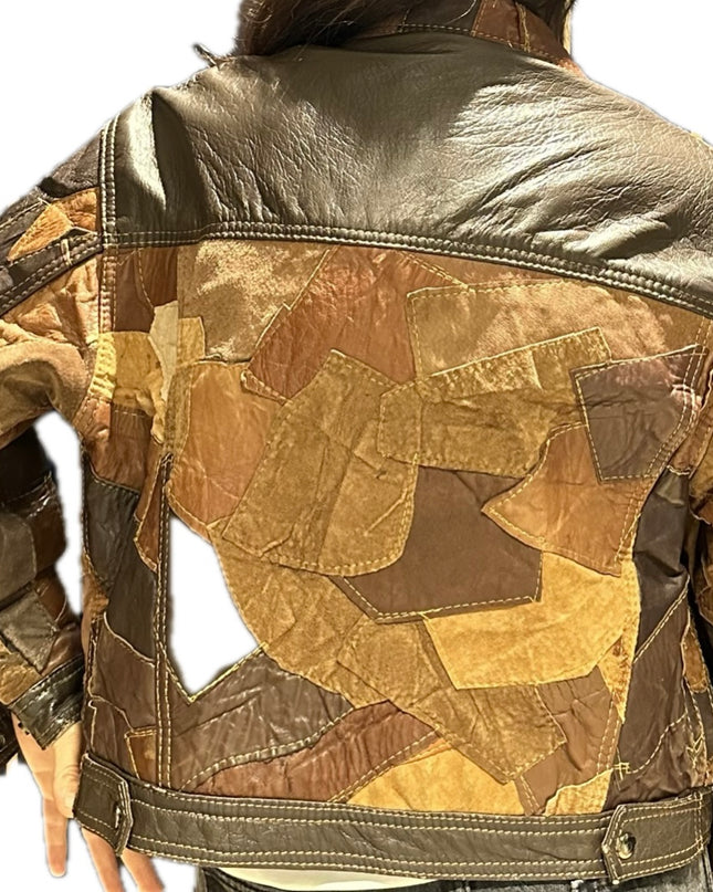 BLOUSON VINTAGE PATCHWORK CUIR MARRON