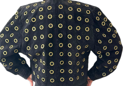 BLOUSON EN CUIR VINTAGE DAIM NOIR & ŒILLETS DORÉS