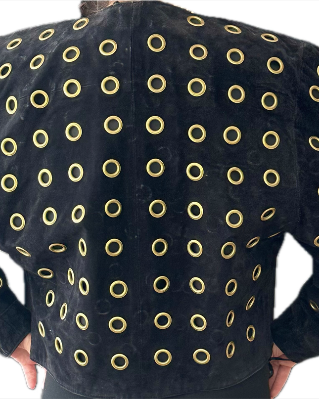 BLOUSON EN CUIR VINTAGE DAIM NOIR & ŒILLETS DORÉS