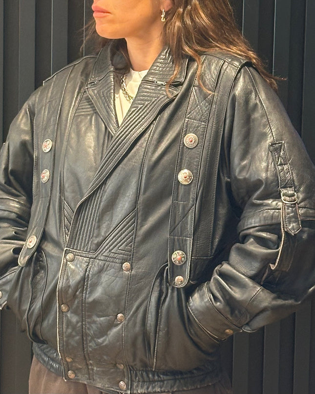 Blouson vintage en cuir 2 en 1 – manches amovibles