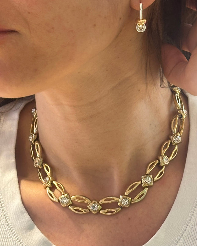 Collier vintage doré à maillons ajourés & pierres scintillantes