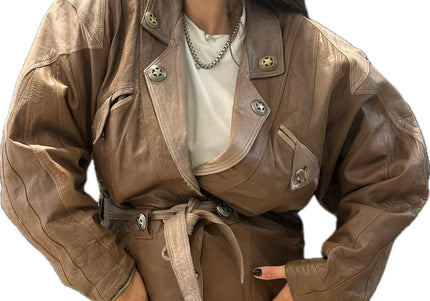 Blouson vintage en cuir camel et beige customisé – Taille unique