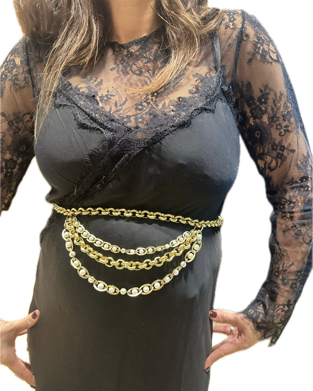 Ceinture vintage à chaîne dorée et perles blanches – Taille unique