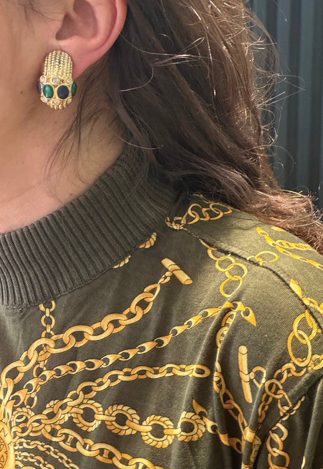 Boucles d’oreilles vintage à clips dorées – pierres bleues & vertes – pièce unique