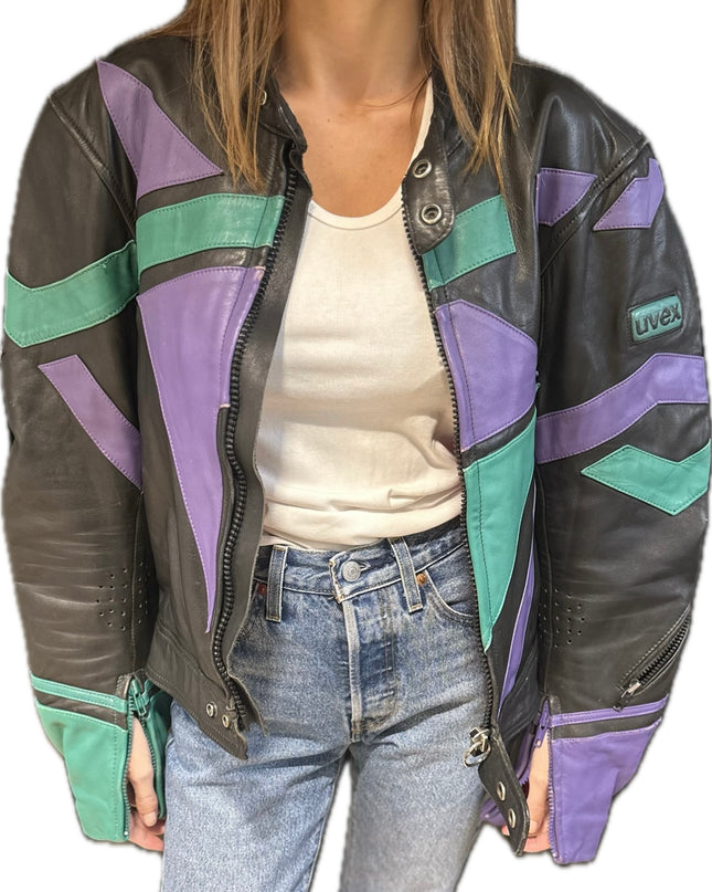 Blouson en cuir vintage façon moto – Noir, Violet & Vert – Taille Unique