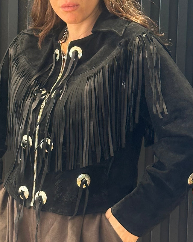 Blouson vintage en daim à franges et rivets argent – taille unique