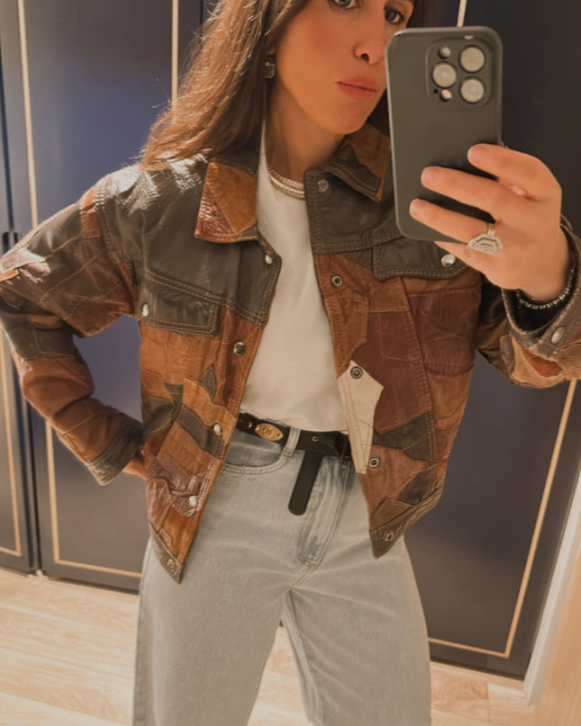 BLOUSON VINTAGE PATCHWORK CUIR MARRON