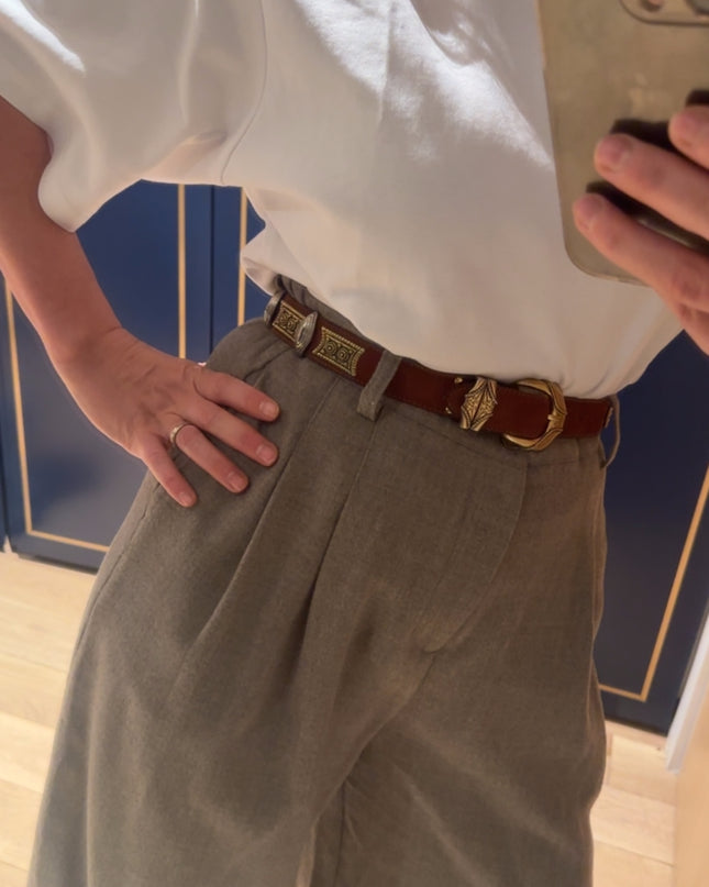 Ceinture Vintage en Cuir Camel – Boucle Sculptée – Pièce Unique