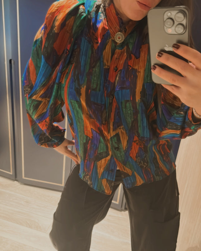 Chemisier vintage multicolore customisé – Taille unique