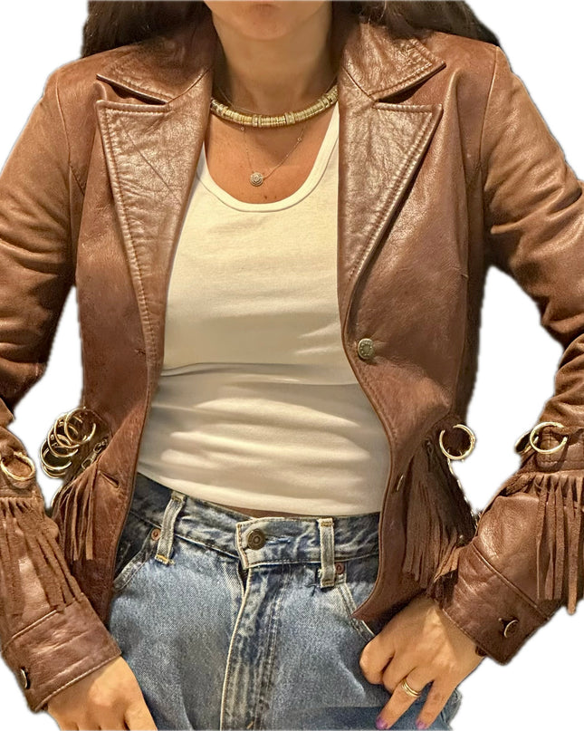 BLAZER EN CUIR MARRON ANNEAUX