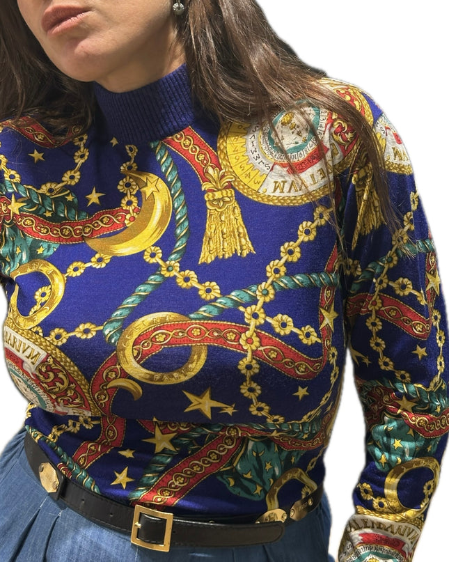Pull en laine Céline Vintage imprimé chaînes et médaillons – Taille unique