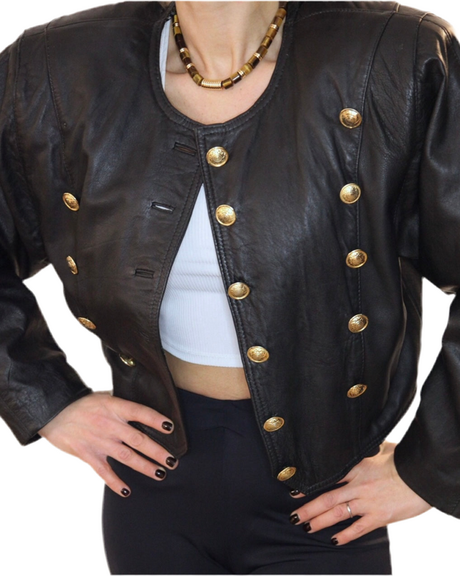 BLOUSON EN CUIR NOIR BOUTONS DORÉS
