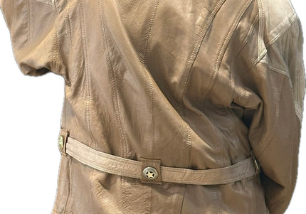 Blouson vintage en cuir camel et beige customisé – Taille unique
