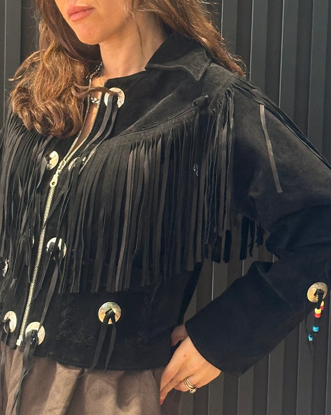 Blouson vintage en daim à franges et rivets argent – taille unique