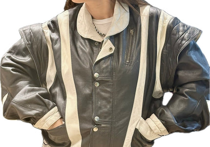 Blouson vintage en cuir noir et blanc – Taille unique