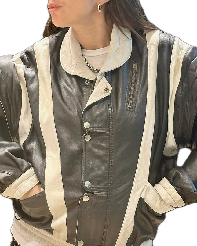 Blouson vintage en cuir noir et blanc – Taille unique