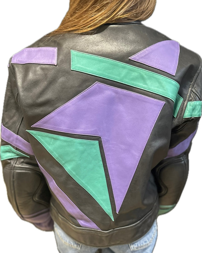 Blouson en cuir vintage façon moto – Noir, Violet & Vert – Taille Unique