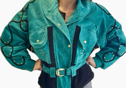 Blouson en daim vintage – Mix green & black, ceinturé à la taille (Taille Unique)