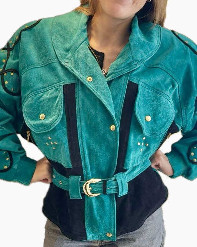 Blouson en daim vintage – Mix green & black, ceinturé à la taille (Taille Unique)