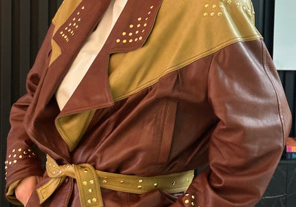 Veste vintage en cuir pistache & marron chocolat — Taille unique