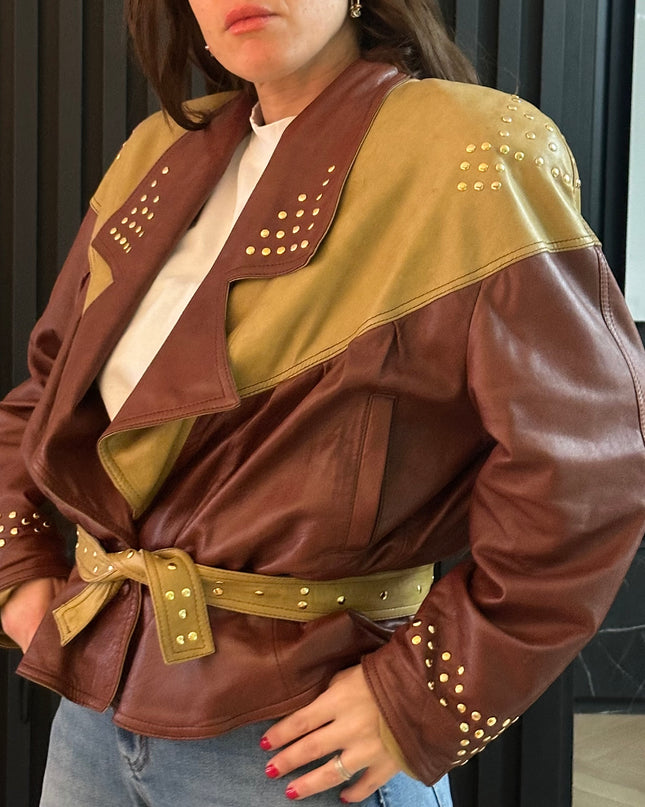 Veste vintage en cuir pistache & marron chocolat — Taille unique