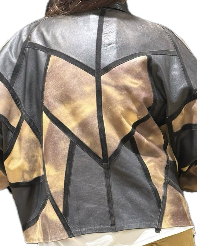 Veste vintage en cuir patchwork – Marron, moutarde et noir – Taille unique