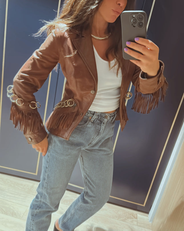 BLAZER EN CUIR MARRON ANNEAUX