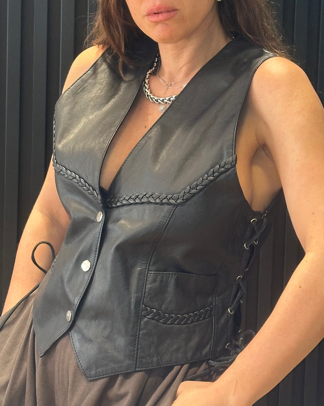 Veste sans manches vintage en cuir avec laçages – taille unique
