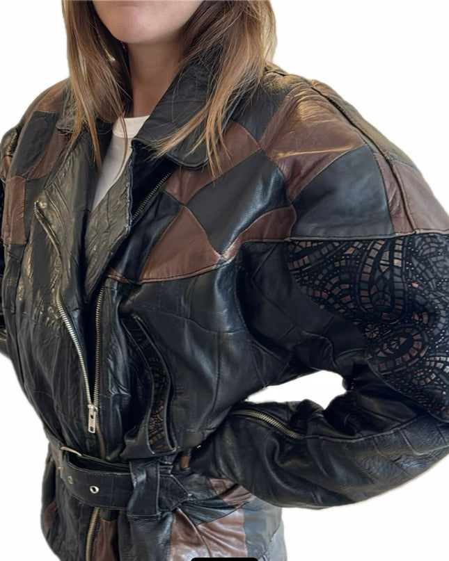 Blouson en cuir vintage – Patchwork marron & noir, ceinturé à la taille (Taille Unique)