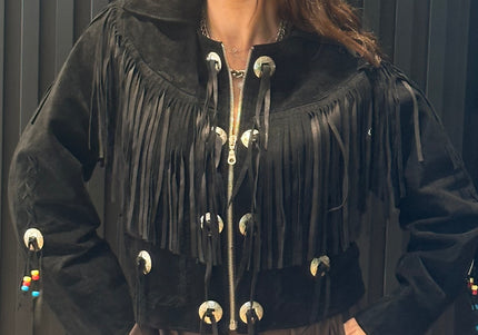 Blouson vintage en daim à franges et rivets argent – taille unique