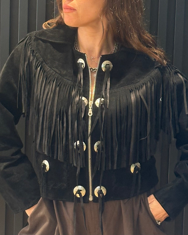 Blouson vintage en daim à franges et rivets argent – taille unique