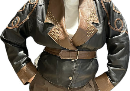 Blouson en cuir vintage noir et marron – Taille unique