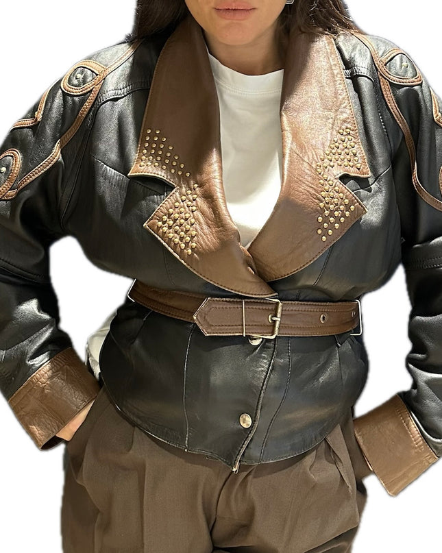 Blouson en cuir vintage noir et marron – Taille unique