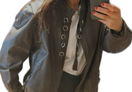BLOUSON EN CUIR MARRON ANNEAUX