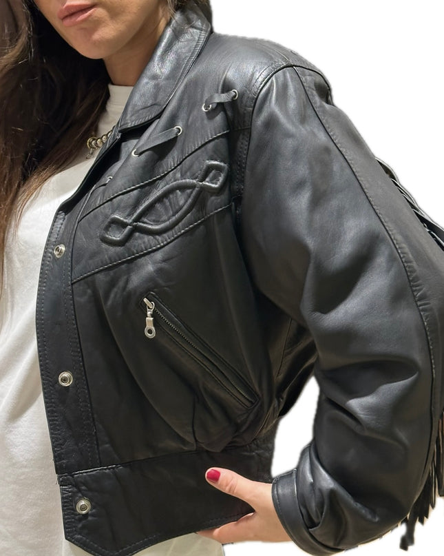 Blouson vintage en cuir à franges – Taille unique