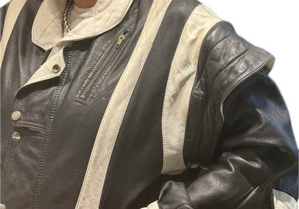 Blouson vintage en cuir noir et blanc – Taille unique