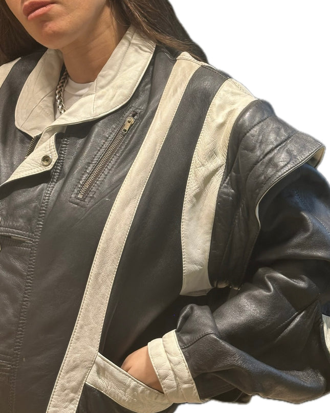 Blouson vintage en cuir noir et blanc – Taille unique