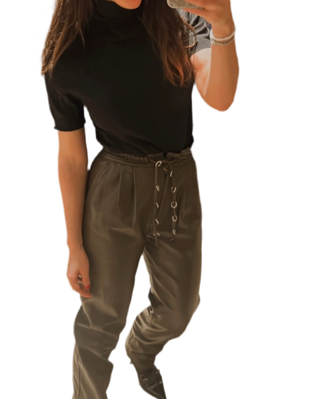 PANTALON EN CUIR VINTAGE MARRON ANNEAUX