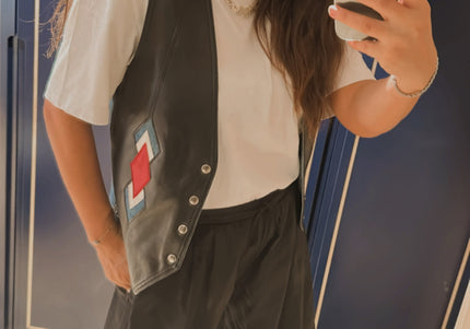 Veste sans manches en cuir et jean vintage – Taille unique